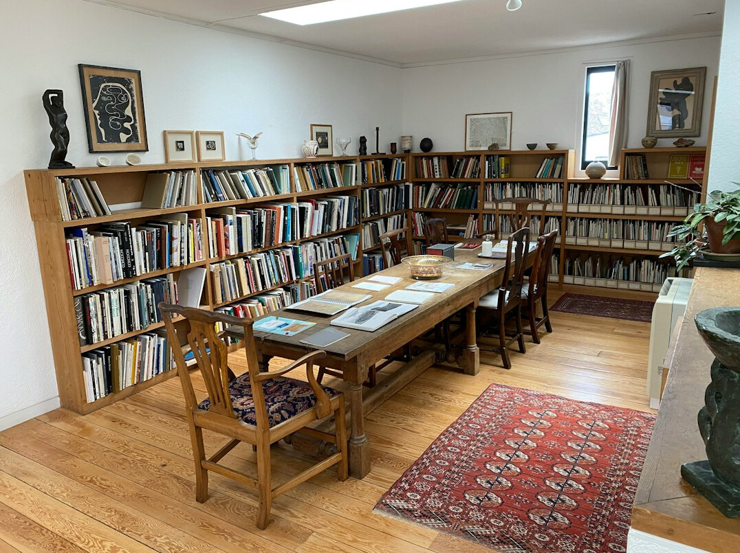 Quiet library with tall bookshelves