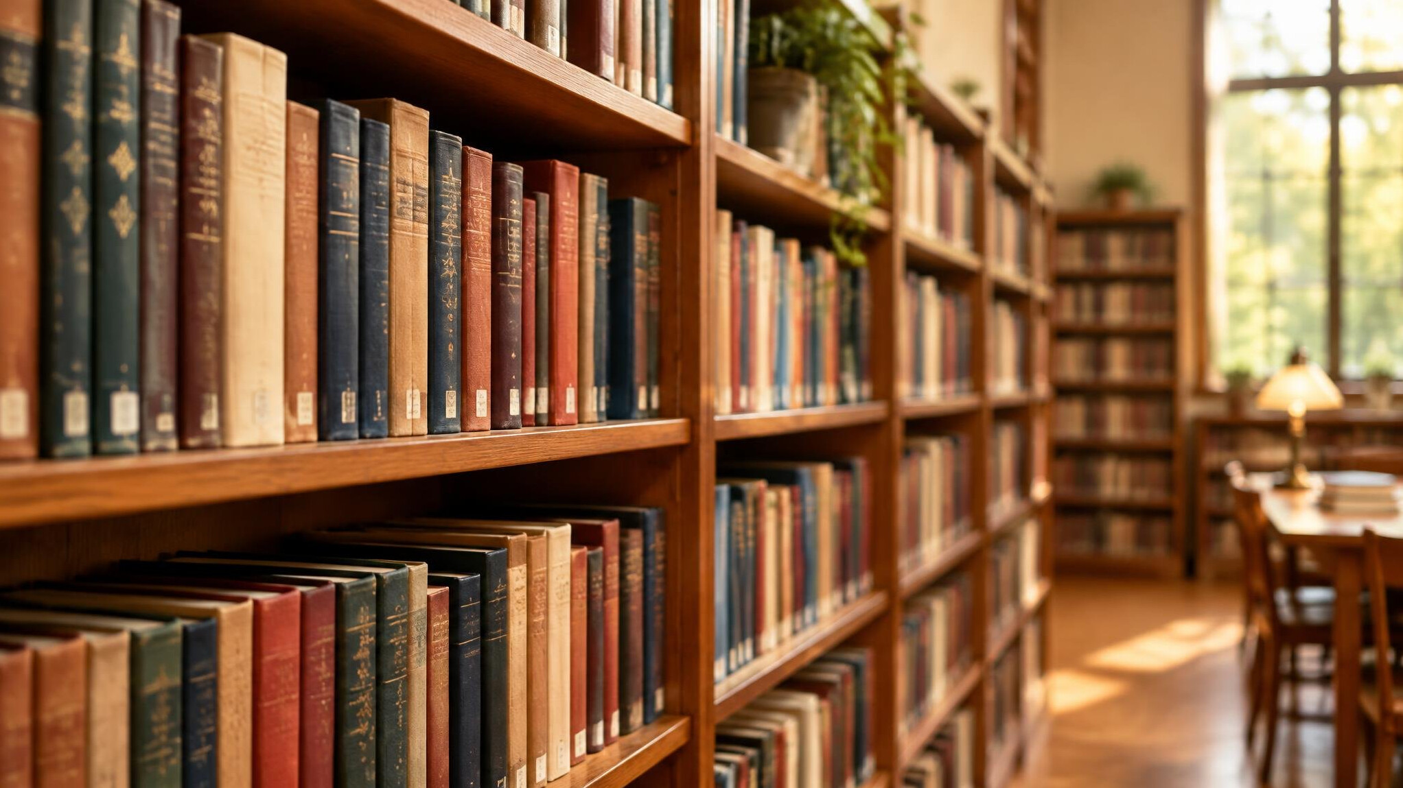 Rows of books on library shelves